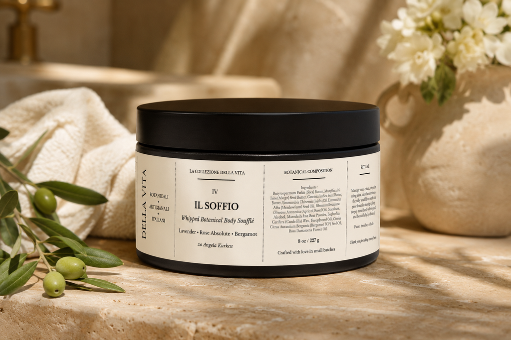 IL SOFFIO Whipped Botanical Body Soufflé – full label detail with ingredients on travertine