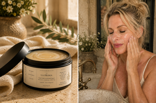 La Prima Purifying Cleansing Balm – open jar with lifestyle shot of woman cleansing